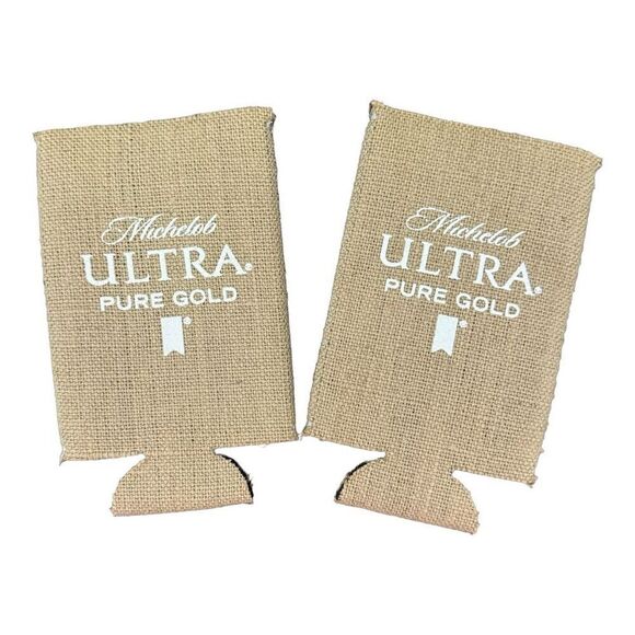 Michelob‎ Ultra Pure Gold Burlap Can Coolie Koozies Beer Cooler Sleeve Set of 2 - Picture 1 of 5
